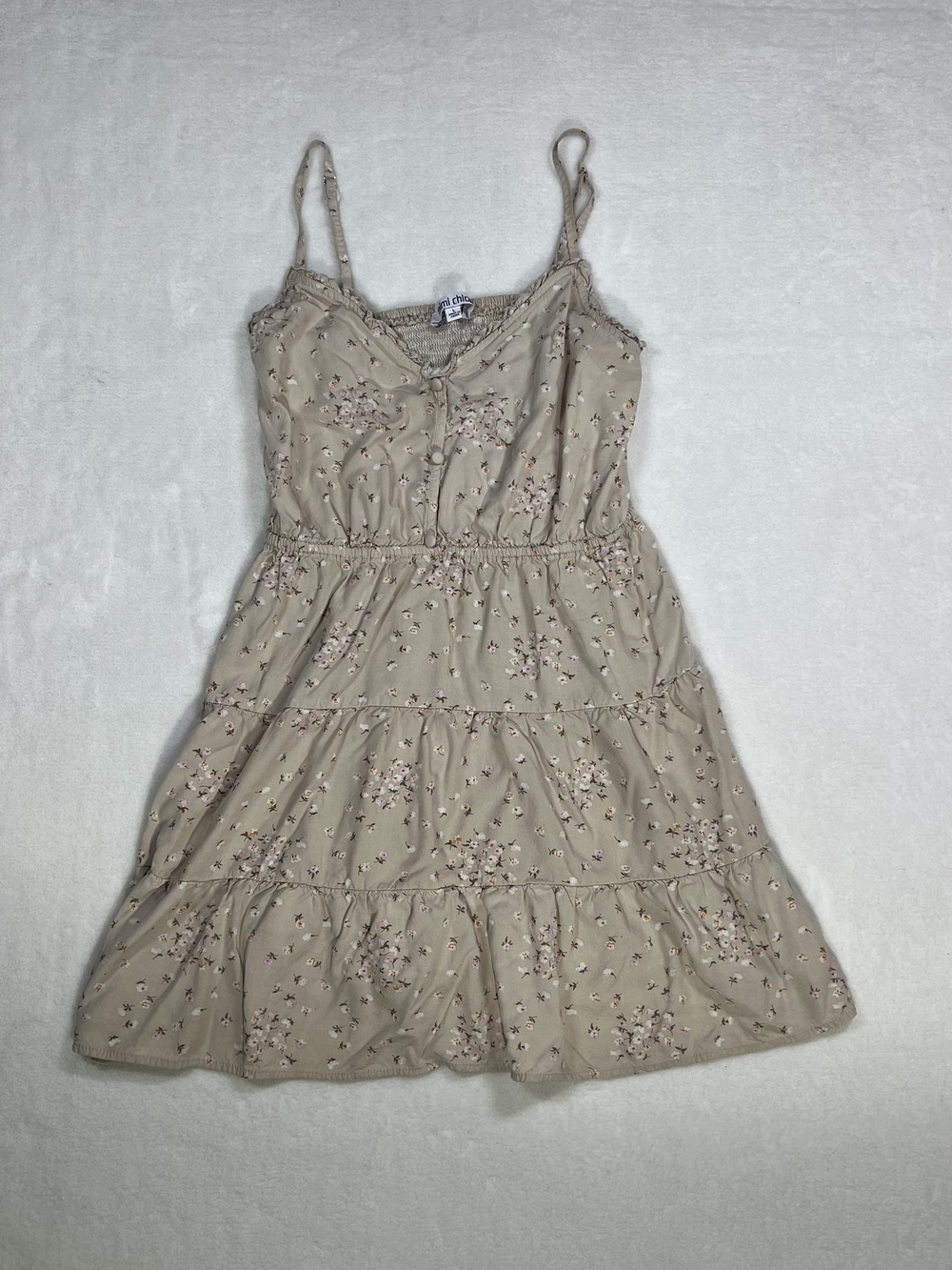 Mimi Chica‎ Floral Tiered Mini Dress Tan Pink Boho Smocked Sun Dress Large
